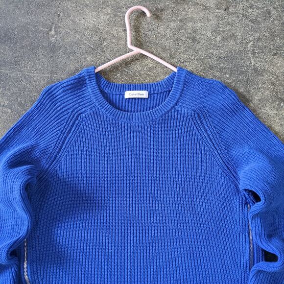 Calvin Klein Sweater Womens L Blue Ribbed Preppy Y2K Knit Side Zip Crew Neck - Picture 2 of 7